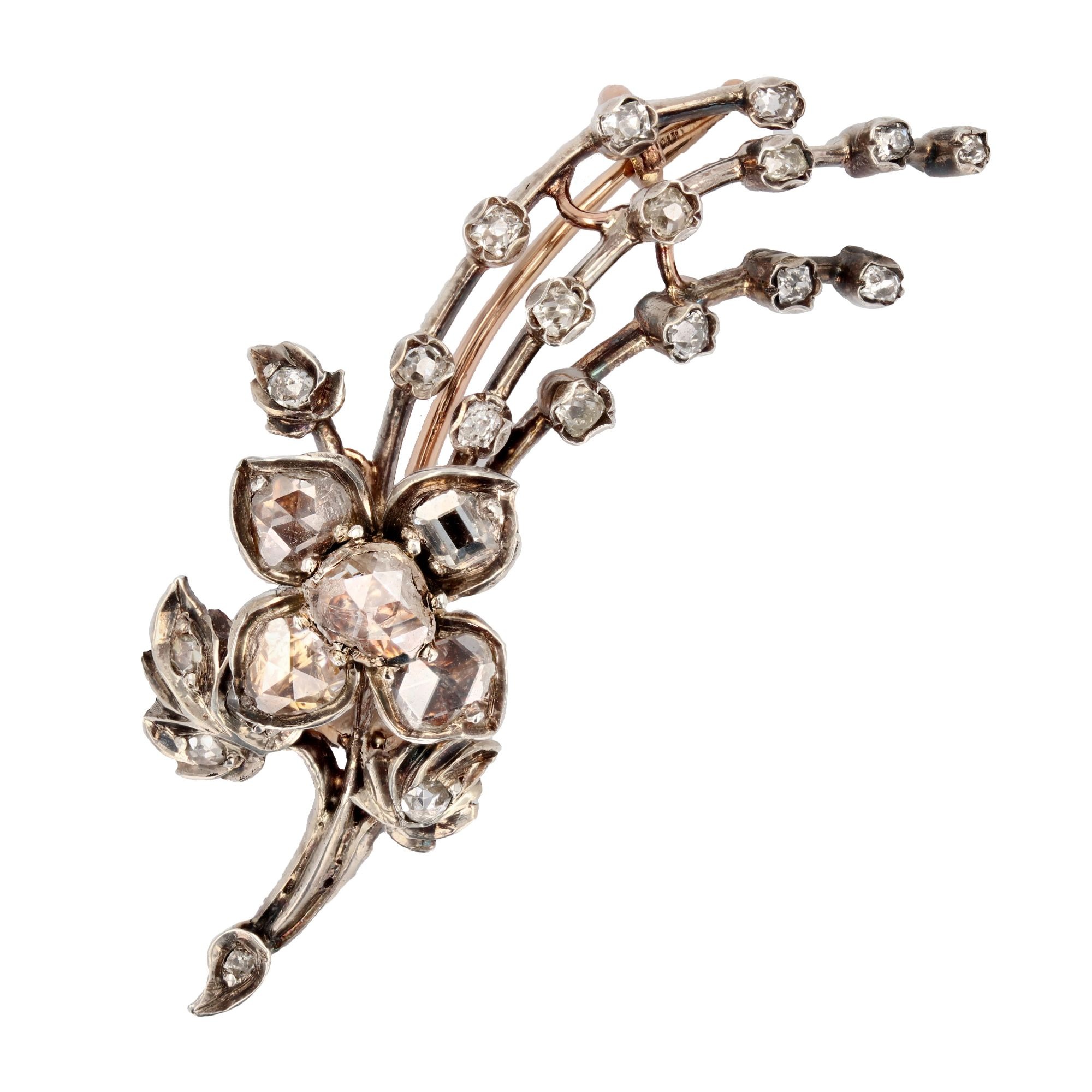 French 19th Century Diamond 18 Karat Yellow Gold Flowering Branch Brooch 93