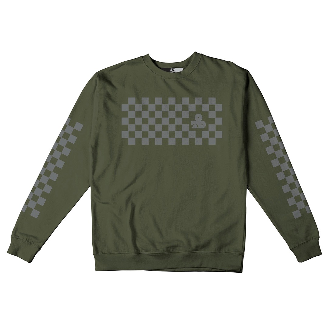 OTD Reflective Crew Neck Sweatshirt • Classic Checkers - Silver on Army Green 445