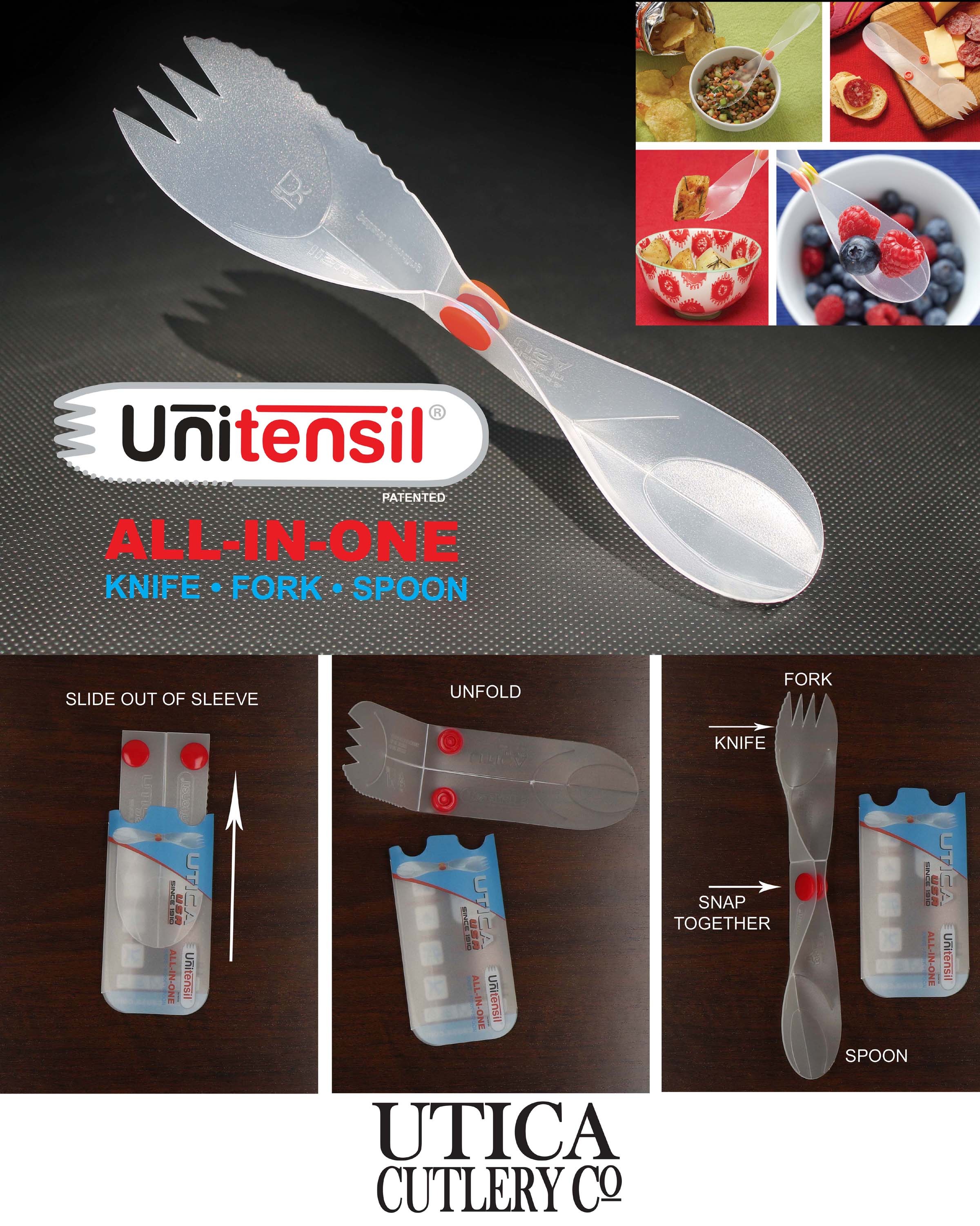 Utica Cutlery Company Introduces the Unitensil, a Unique All-in-One Fork, Knife and Spoon. Patent 9265372, 9272807 109