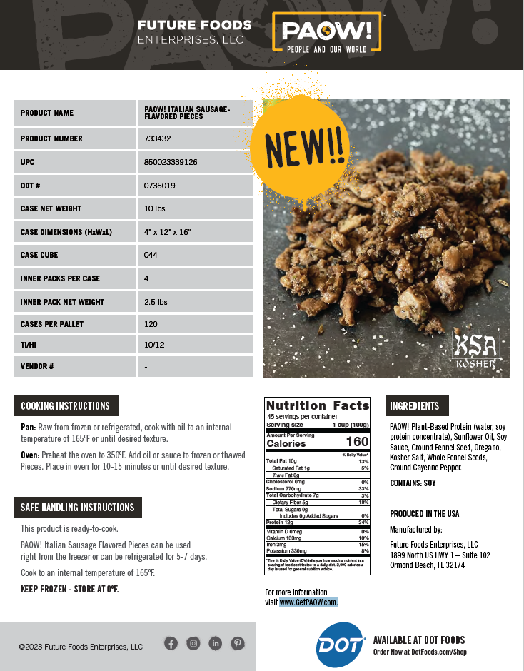 PAOW! ITALIAN SAUSAGE FLAVORED PIECES - PLANT BASED! 683