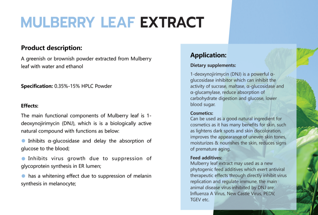 Mulberry leaf extract --Inhibit α-glucosidase and delay the absorption of glucose to blood 1363