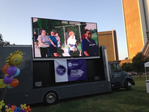 Video screen and Top 30 banner at Tulsa Walk to End Alzheimer&#39;s