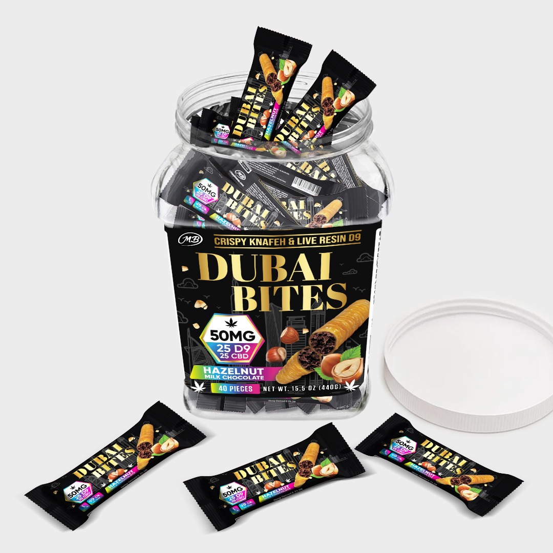 Dubai Bites 50MG D9 25MG & CBD 25MG minis each with Hazelnut Chocolate Crispy Blunts Cream & Crispy 306