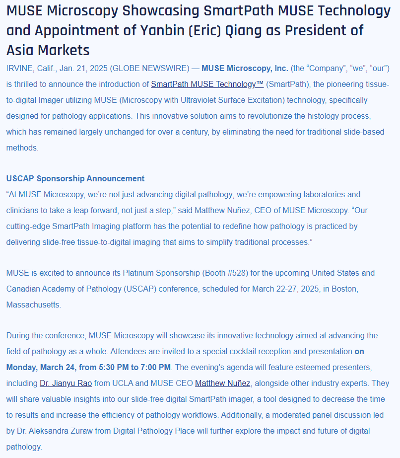 MUSE Microscopy Showcasing SmartPath MUSE Technology and Appointment of Yanbin (Eric) Qiang as President of Asia Markets 18